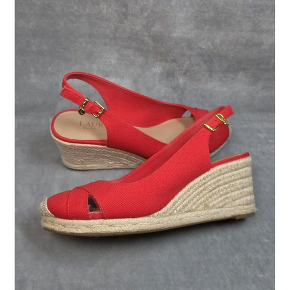 Lauren Ralph Lauren Womens Red Espadrille Wedge Heel Sz 7.5 Coquette Sexy Office - Picture 5 of 10